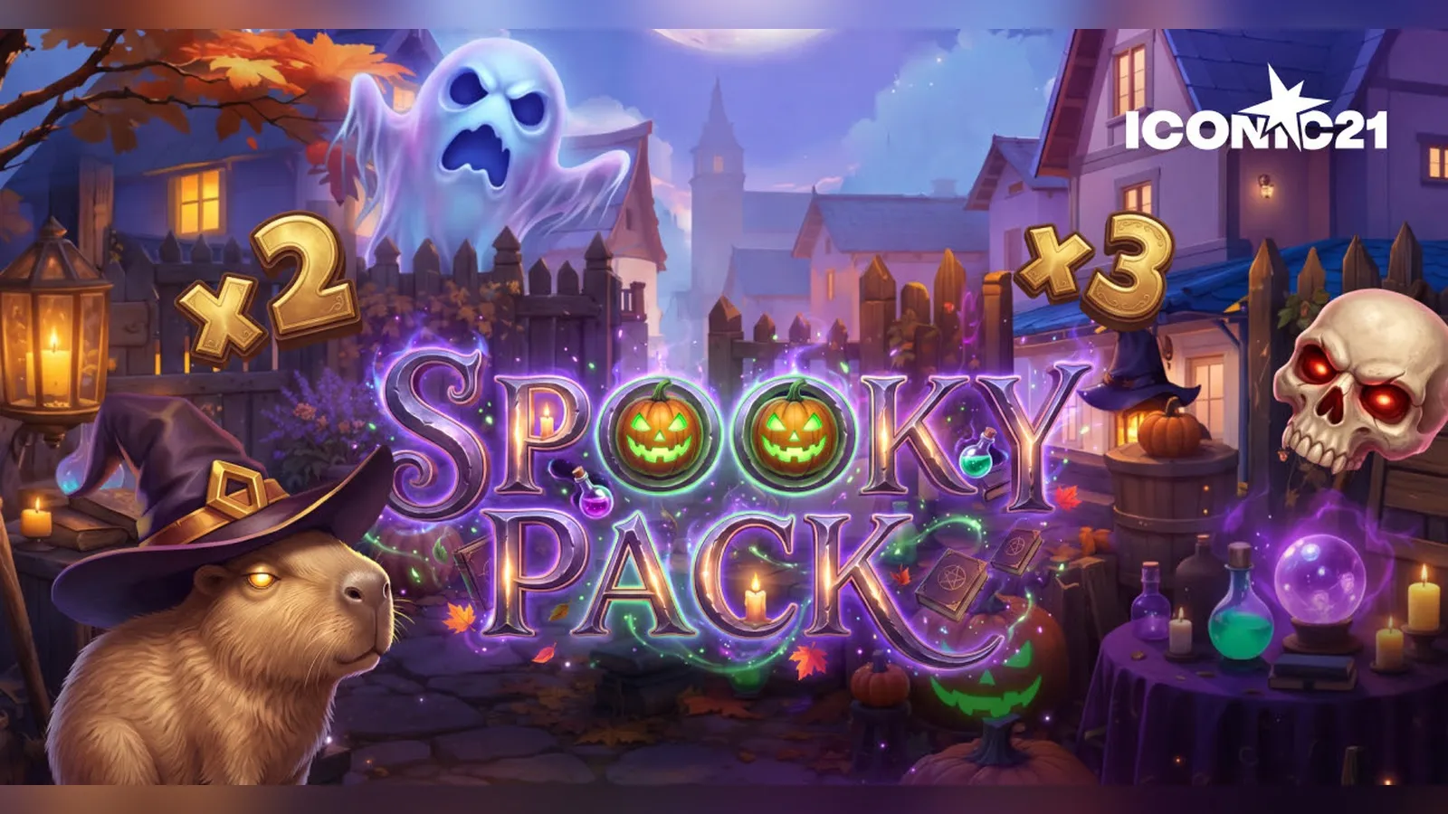 Spooky Pack artwork with a ghost, a skull and a capybara in a witch hat