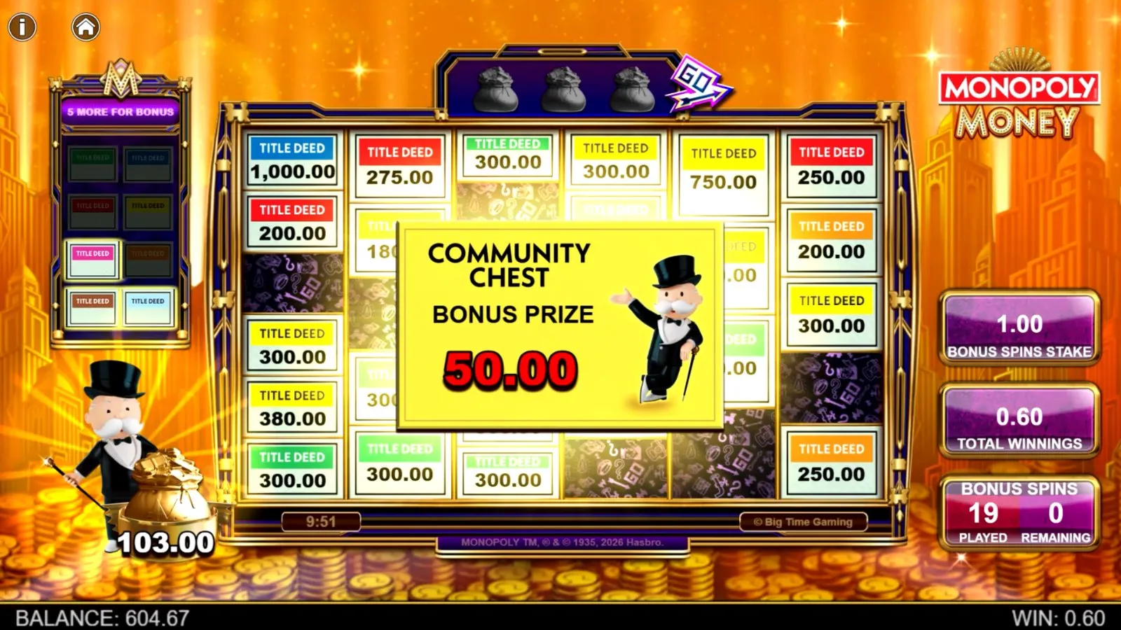 MONOPOLY Money Hold and Spin round with Title Deed values and a Community Chest bonus prize