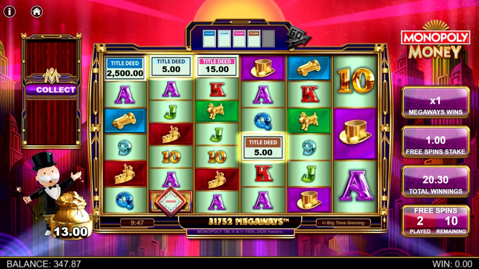 MONOPOLY Money base game with Title Deed symbols on six Megaways reels and Mr. Monopoly beside the grid